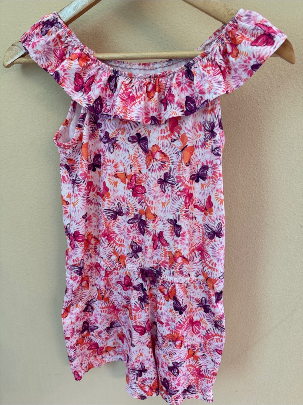 Girls Butterfly Print Ruffle On or Off-Shoulder Romper - Pink & Purple